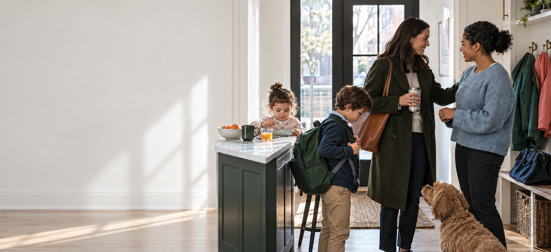 A parent and familiar caregiver coordinate morning care while two children prepare for the day.